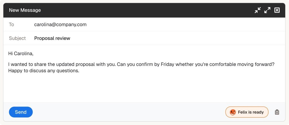 A Gmail compose window with a Felix is ready badge next to the send button.